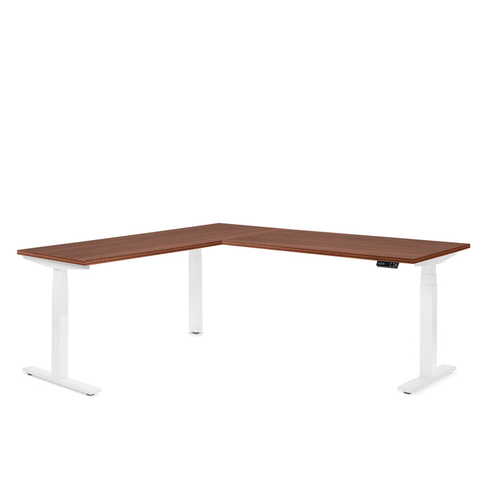 L-shaped modern standing desk with brown top and white legs on a white background (Walnut)