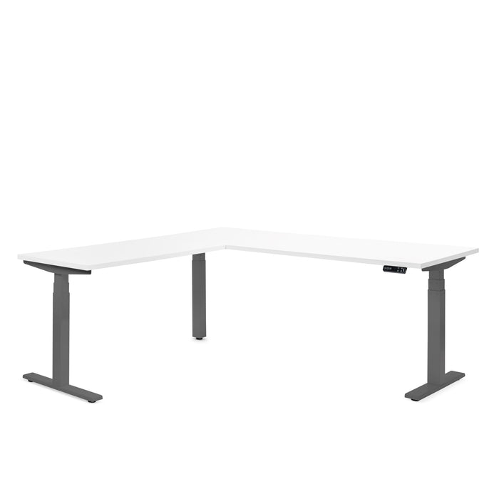 Adjustable height modern white corner desk on a white background. (White)