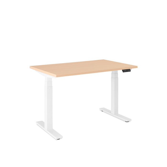 Adjustable height modern desk with white legs and light wood top on a white background. (Natural Oak-47&quot;)