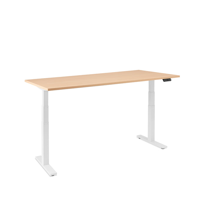 Adjustable height desk with white frame and wooden top on a white background. (Natural Oak-72&quot;)