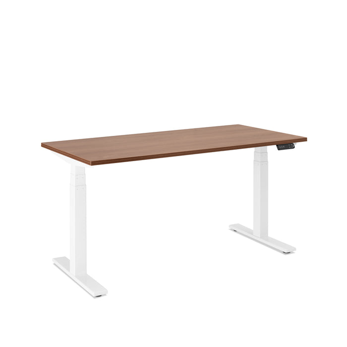 Adjustable height modern desk with wooden top and white legs on a white background. (Walnut-57&quot;)