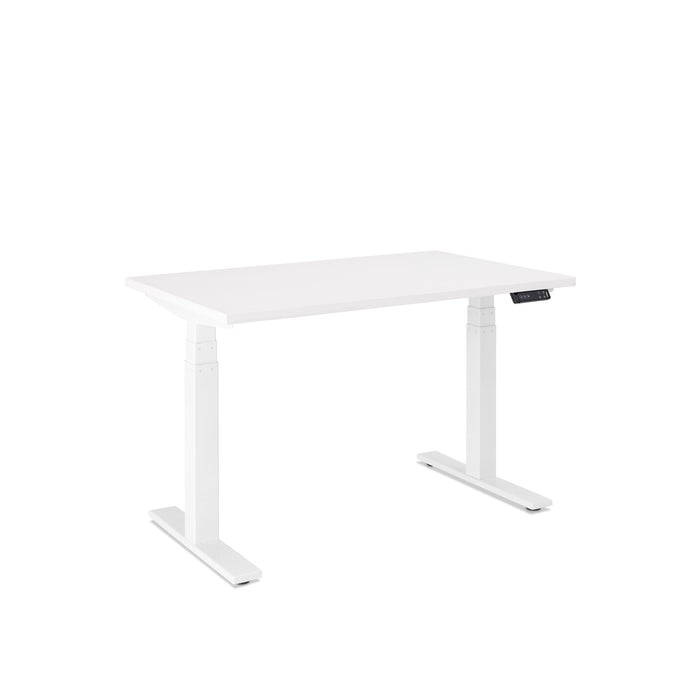 White height-adjustable standing desk with digital control panel on white background. (White-47&quot;)