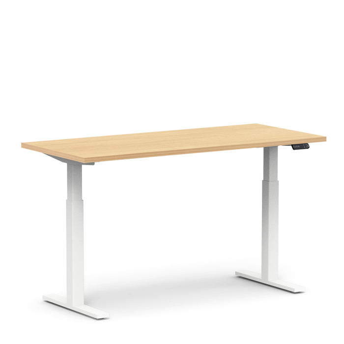 Adjustable height modern desk with wooden top and white legs on a white background. (Natural Oak-60&quot;)