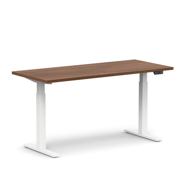 Adjustable height desk with a wooden top and white metal frame on a white background. (Walnut-60&quot;)(Walnut-60&quot;)