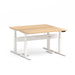 Adjustable height standing desk in white with wooden top on a plain background. (Natural Oak-57&quot;)