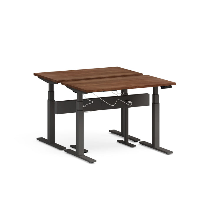 Adjustable standing desk with walnut finish and black frame on white background. (Walnut-47&quot;)