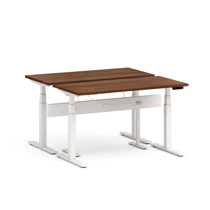 "Adjustable standing desk with white frame and walnut finish tabletop isolated on white background." (Walnut-57&quot;)
