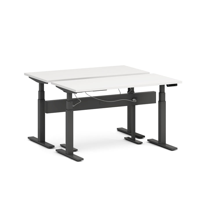 Modern height-adjustable desk with white top and black frame on a white background. (White-57&quot;)
