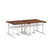 Modern adjustable height desk with dark wooden top and white legs on a white background. (Walnut-47&quot;)