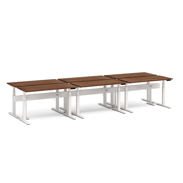 Modular wooden top office desks with white metal frames on a white background. (Walnut-57&quot;)
