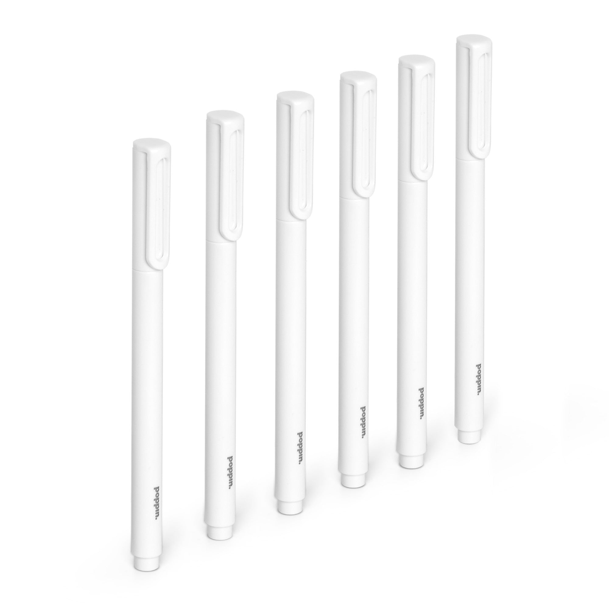 Collection of eight white stylus pens in various sizes isolated on white background. 