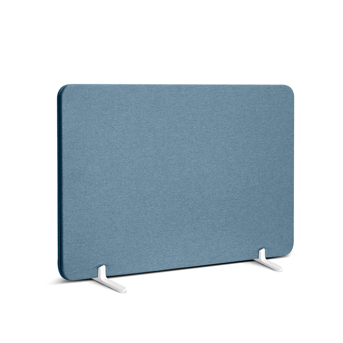 Blue freestanding desk privacy panel with white stands on a white background. (Slate Blue-27&quot;)