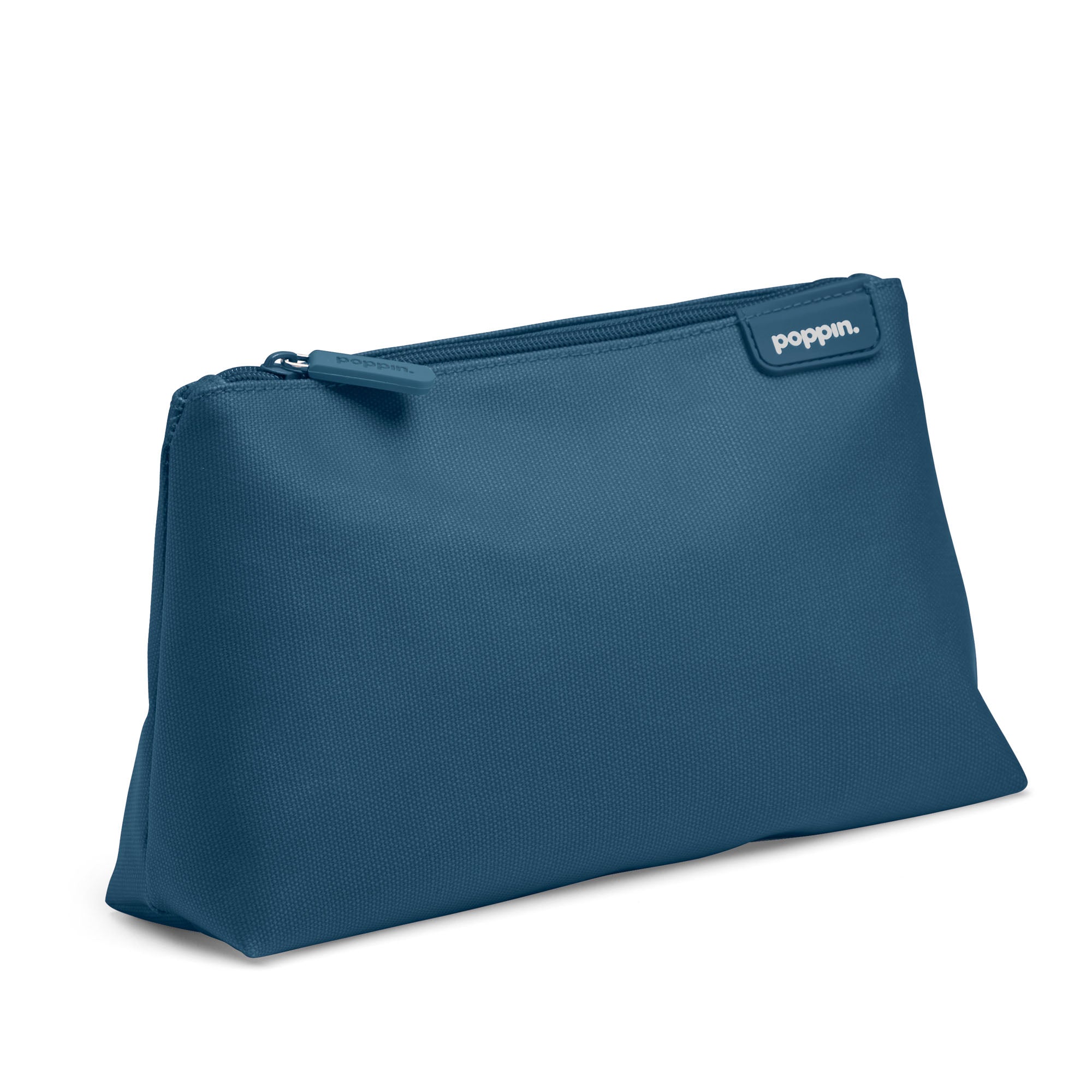 Blue Poppin brand textured cosmetic bag on white background (Slate Blue)