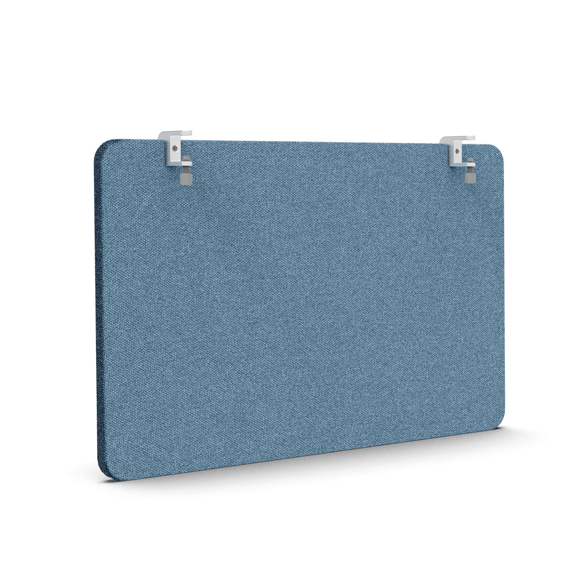 Blue acoustic panel with silver wall mounts on white background (Slate Blue-27")