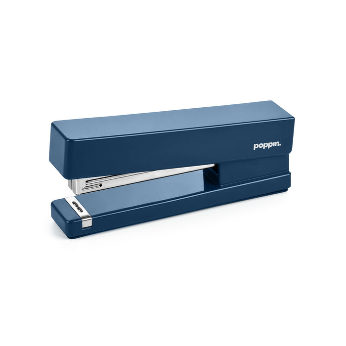 Blue Poppin brand desk stapler isolated on white background (Slate Blue)