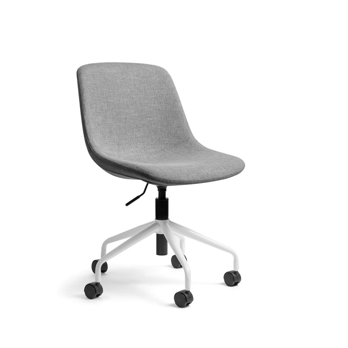 Modern gray office chair with white wheels on a white background. (Stone)