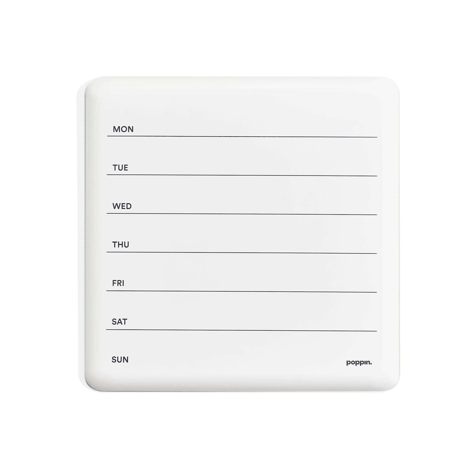 White minimalist weekly planner with days of the week listed and space for notes. 