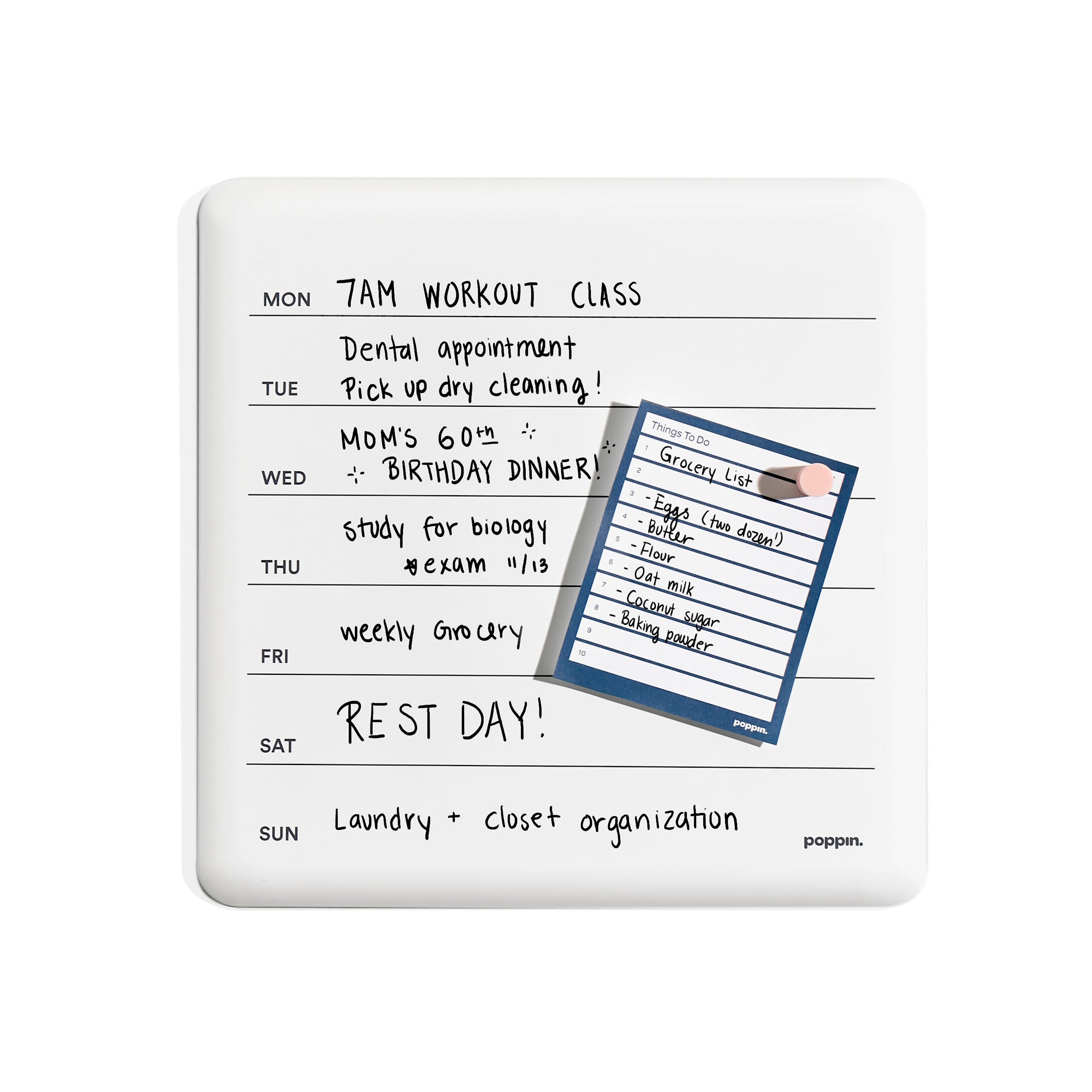 White minimalist weekly planner with days of the week listed and space for notes. 