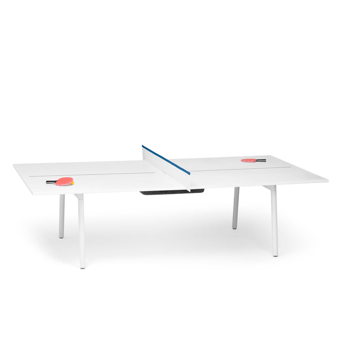 Modern white ping pong table with paddles and ball on white background. (Slate Blue)