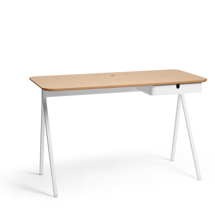 Modern wooden desk with white legs and built-in storage on a white background. (Natural Oak)