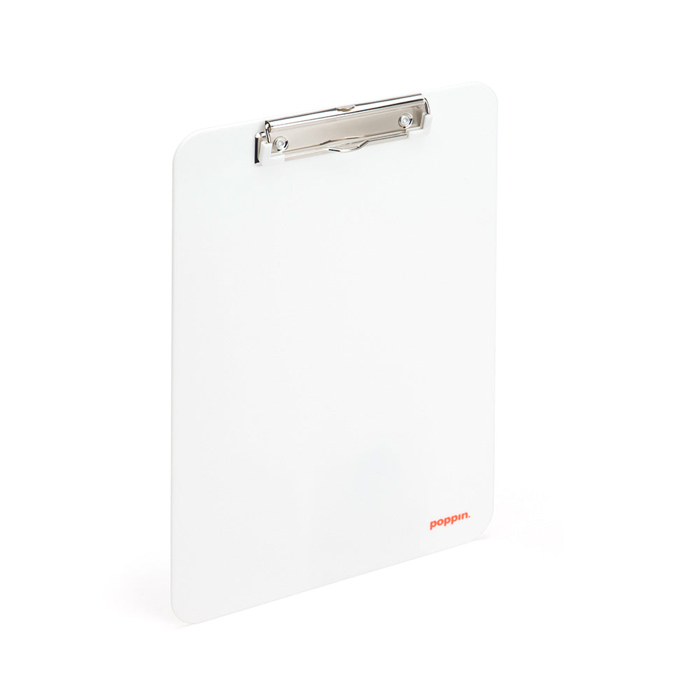 White acrylic clipboard with metal clip on a white background. (White)