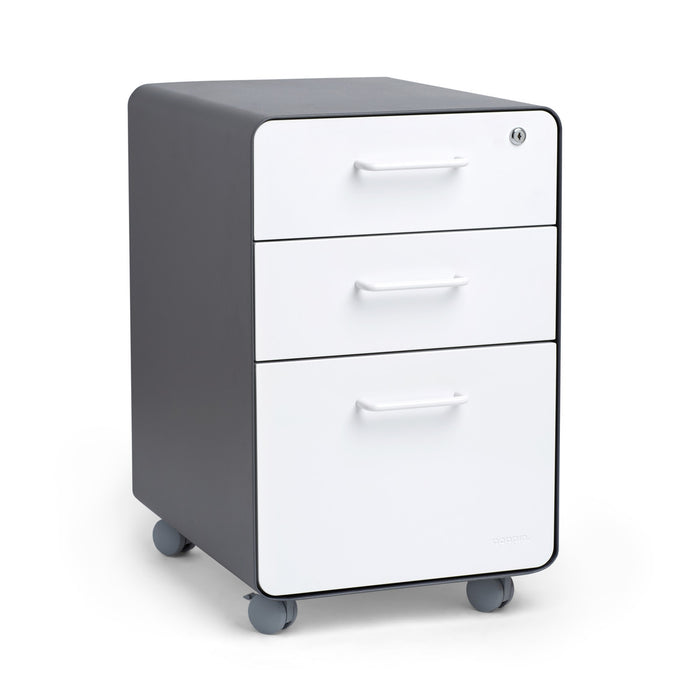 Modern white 3-drawer mobile filing cabinet on wheels against a white background. (White-Charcoal)