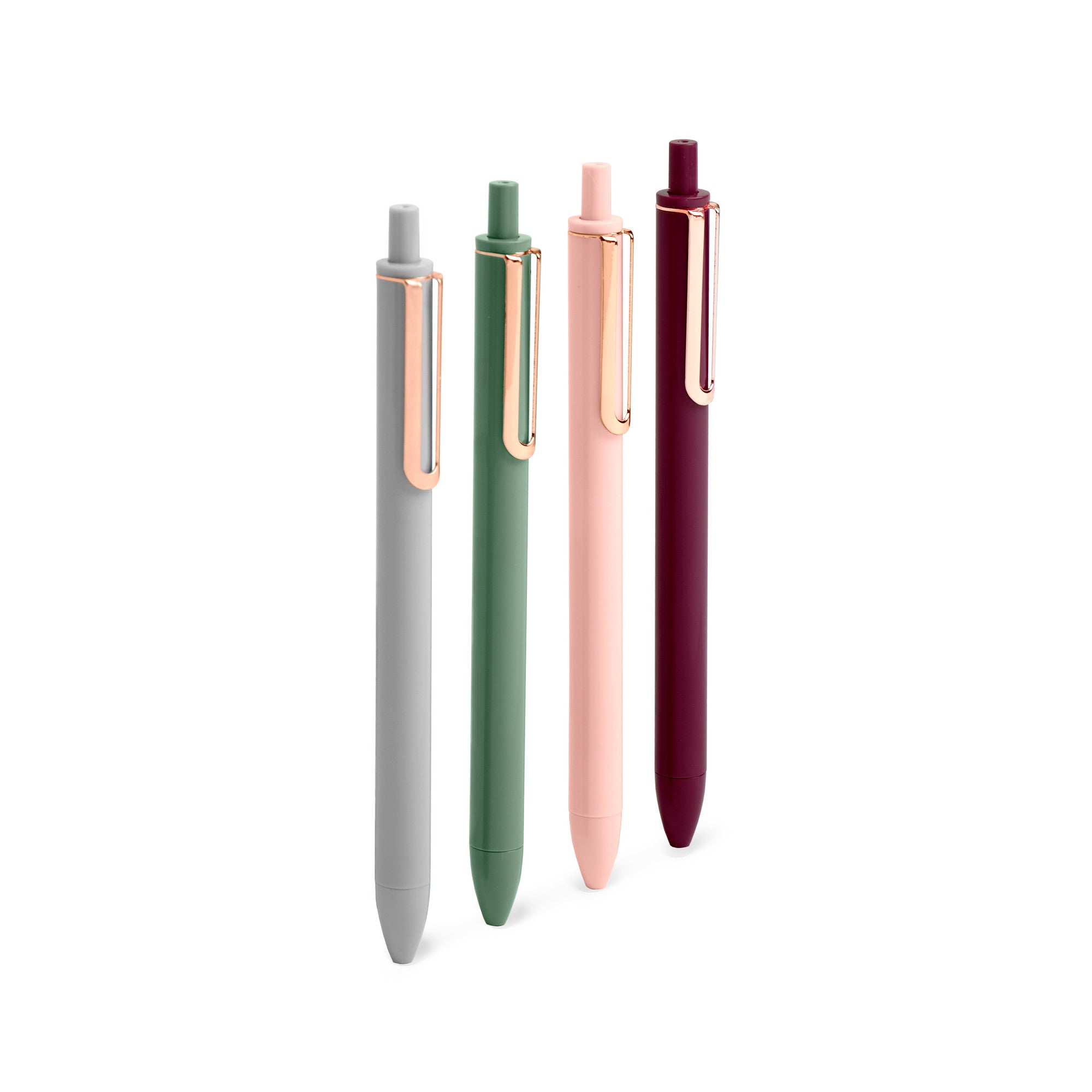 Four stylish pens in gray, green, pink, and maroon isolated on white background. 