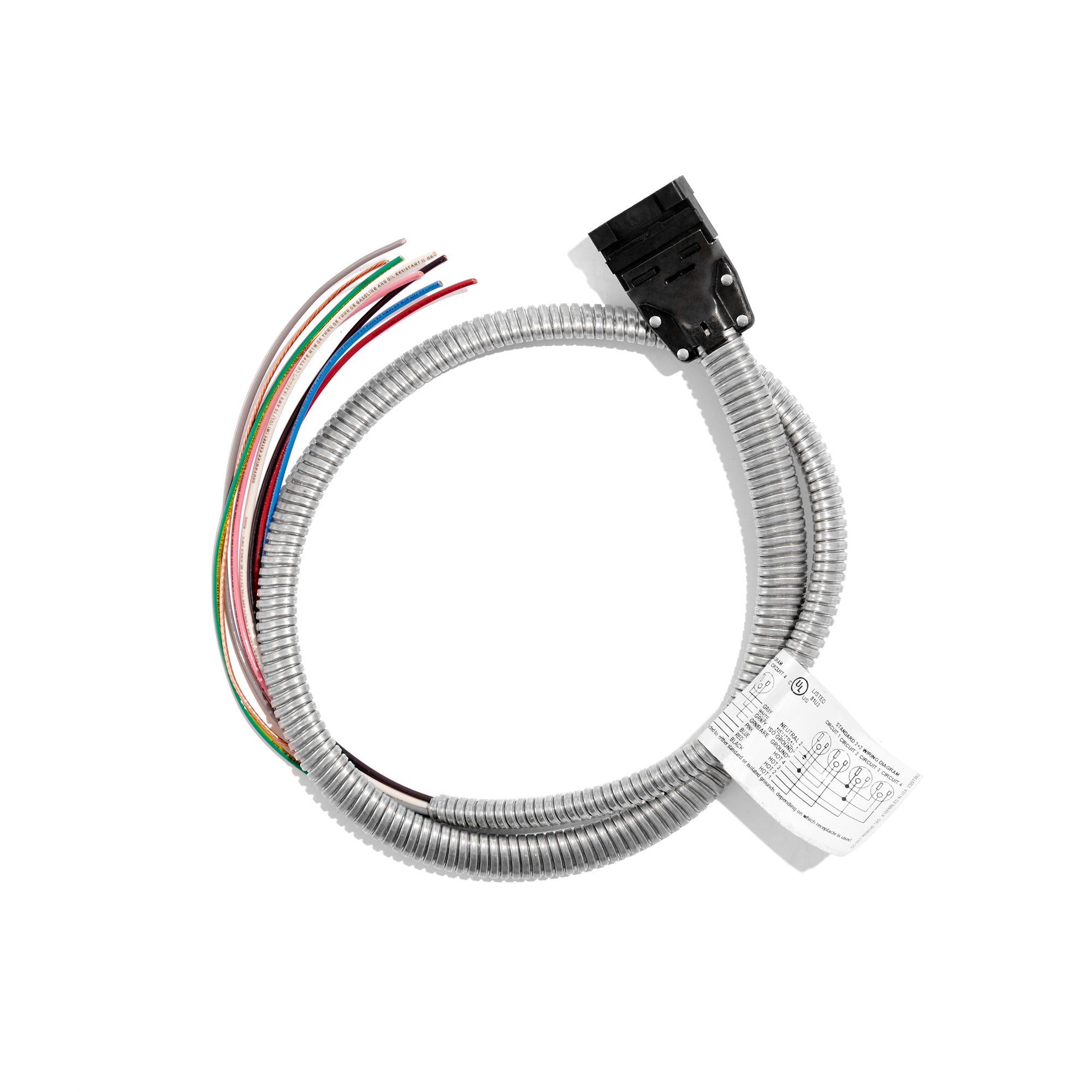 Flexible electrical conduit with multi-colored wires and connector isolated on white background. 