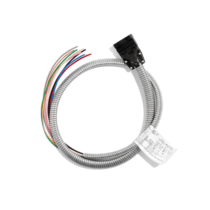 Flexible electrical conduit with multi-colored wires and connector isolated on white background. 
