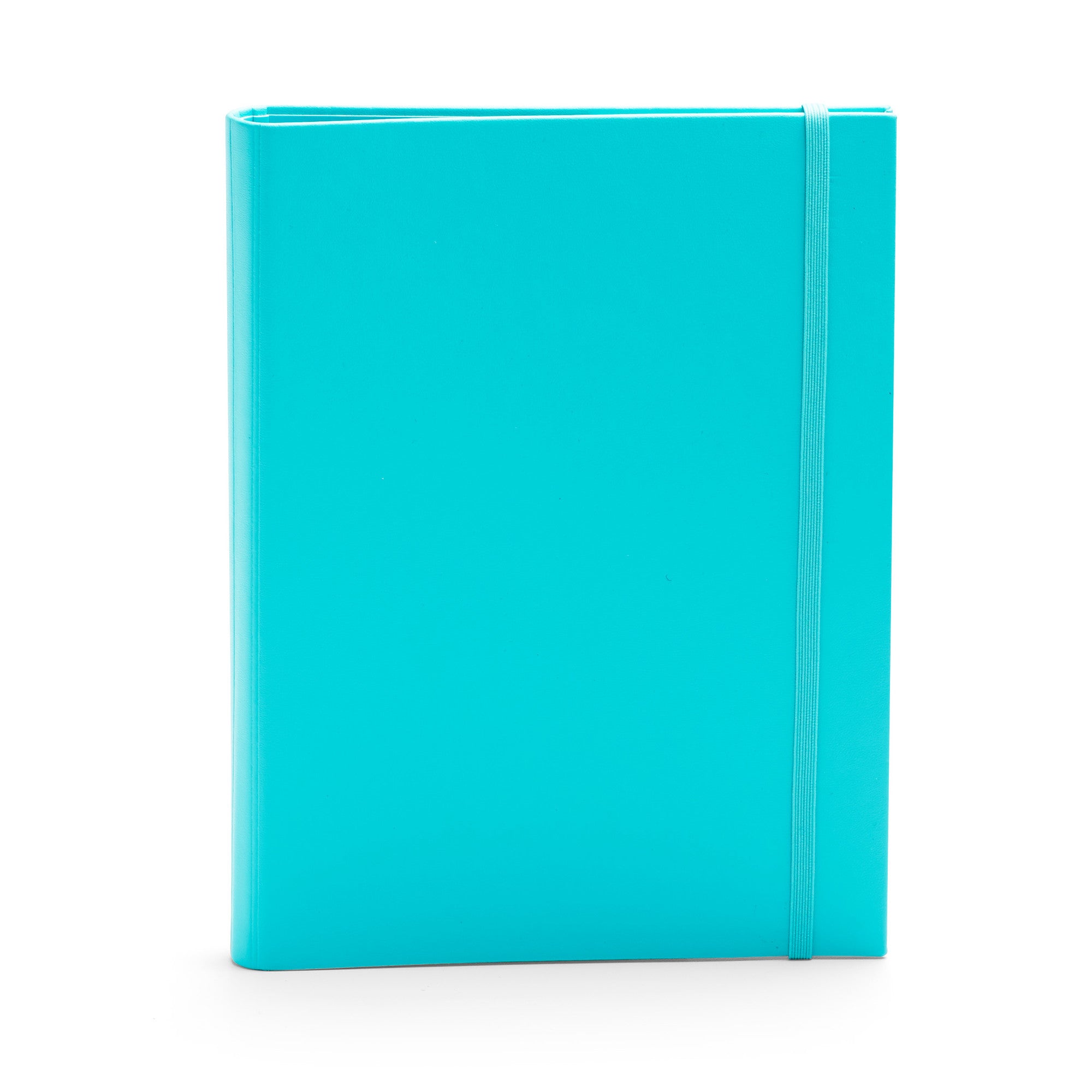 Bright turquoise blank notebook standing upright on a white background. (Aqua)