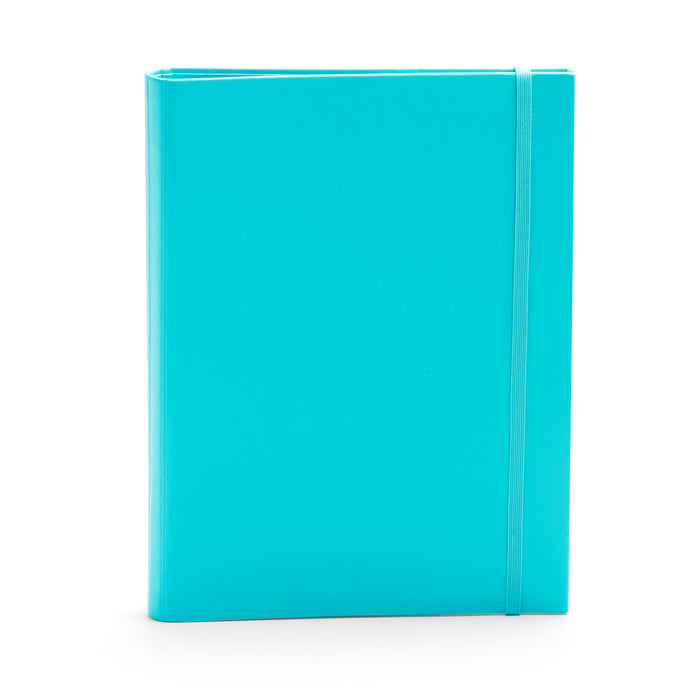 Bright turquoise blank notebook standing upright on a white background. (Aqua)