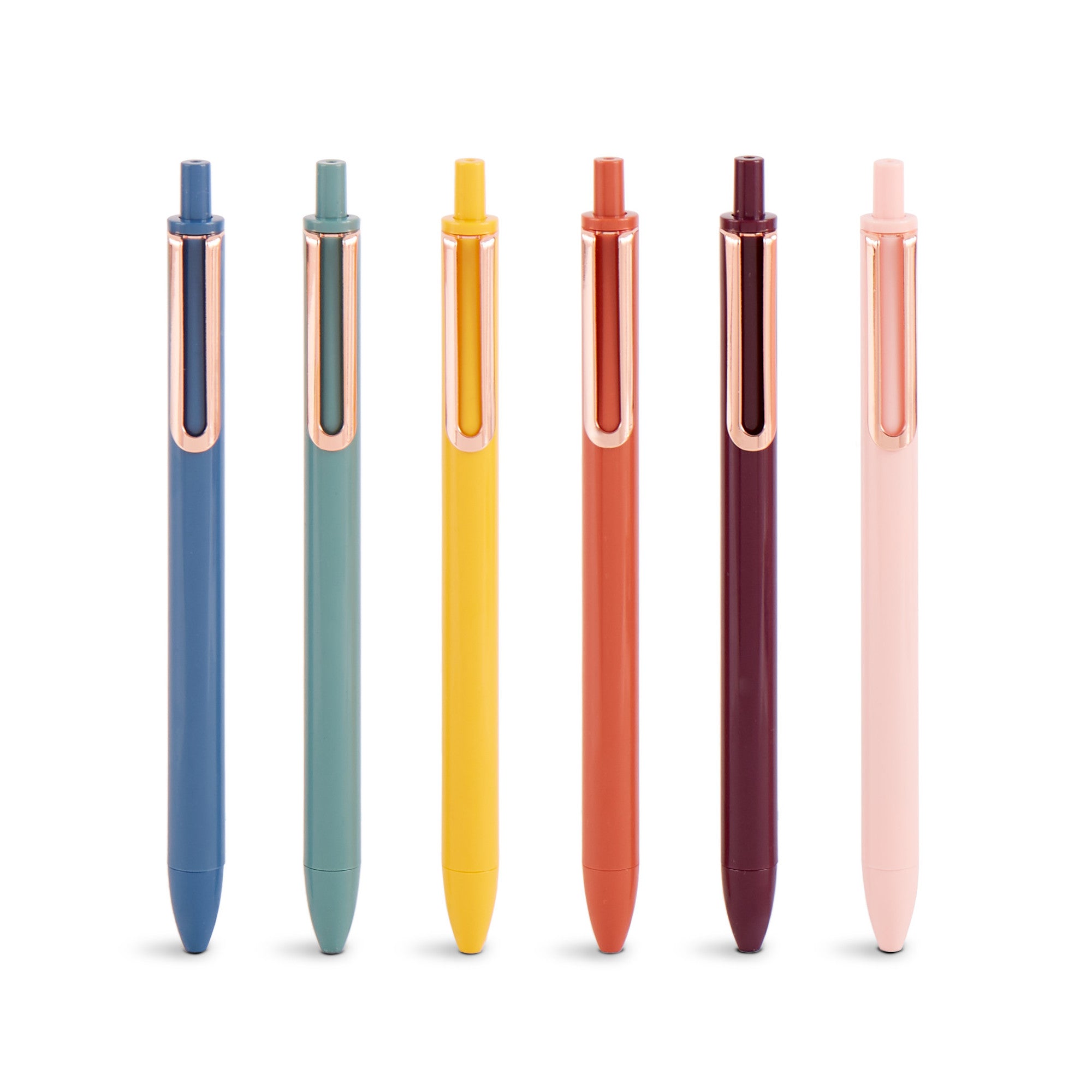 Colorful assortment of pens standing vertically on a white background. 