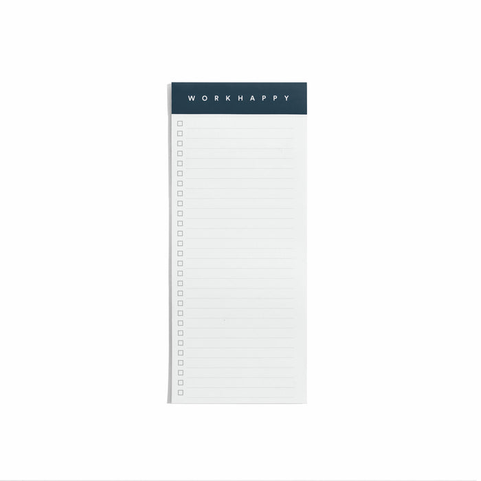 Blank to-do list notepad with "WORK HAPPY" at the top on white background. 