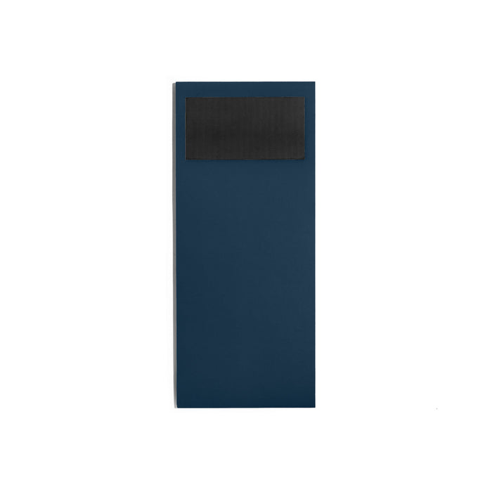 Blue yoga mat rolled up with black strap on white background. 