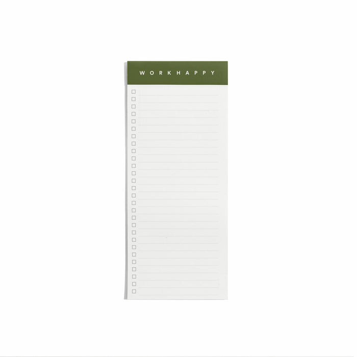 Blank to-do list notepad with the text "WORK HAPPY" on white background. 