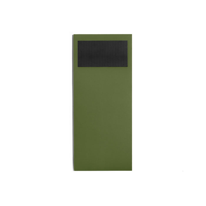 Olive green narrow tall book with black label on spine against white background 