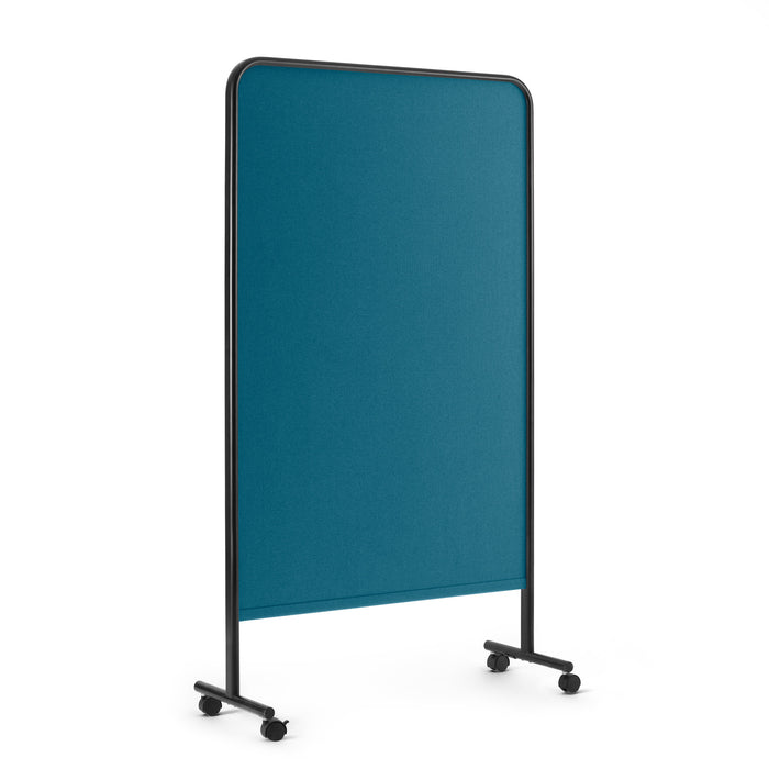 Blue mobile office partition on wheels against a white background. (Black-Teal)