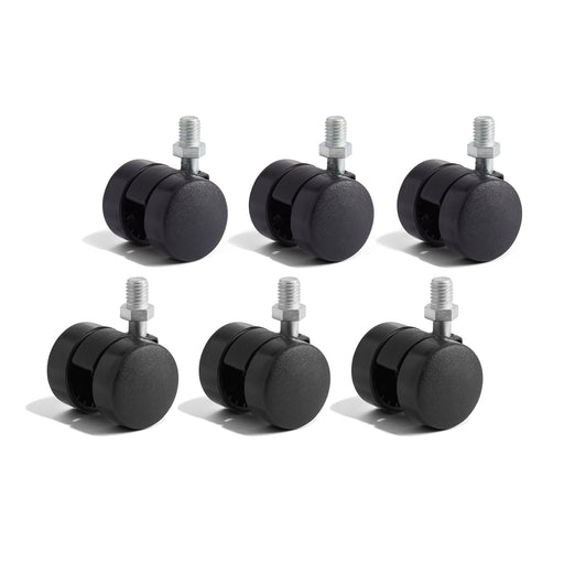Five black office chair wheels with metal stems on white background. 