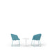 Two blue modern chairs with a white round table on a white background. (Blue)