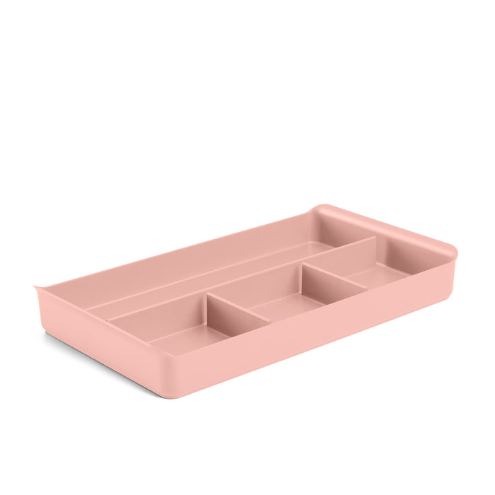Pink desk organizer tray with multiple compartments on a white background. (Blush)