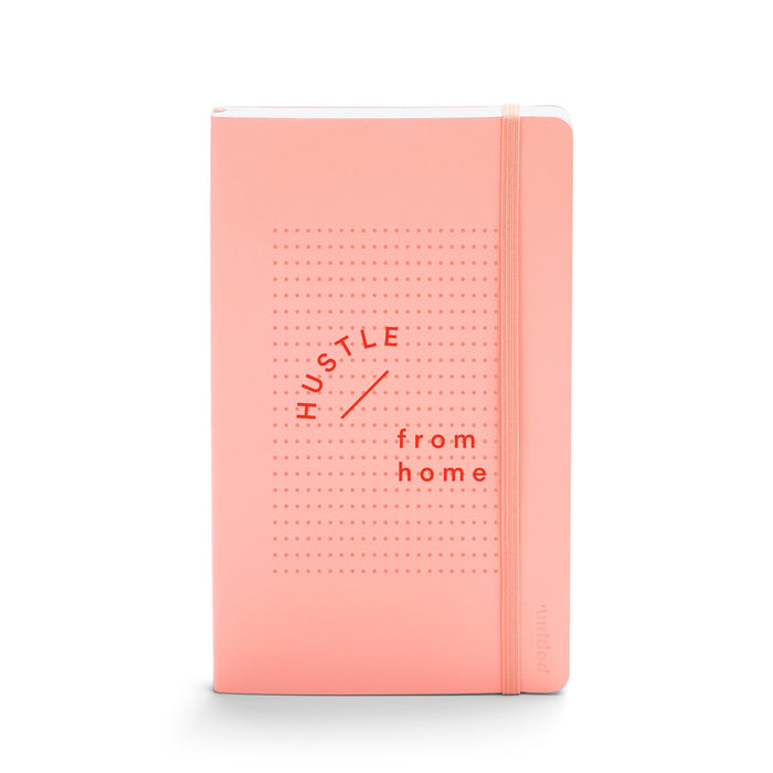 Pink notebook with "Hustle from home" text isolated on white background. 