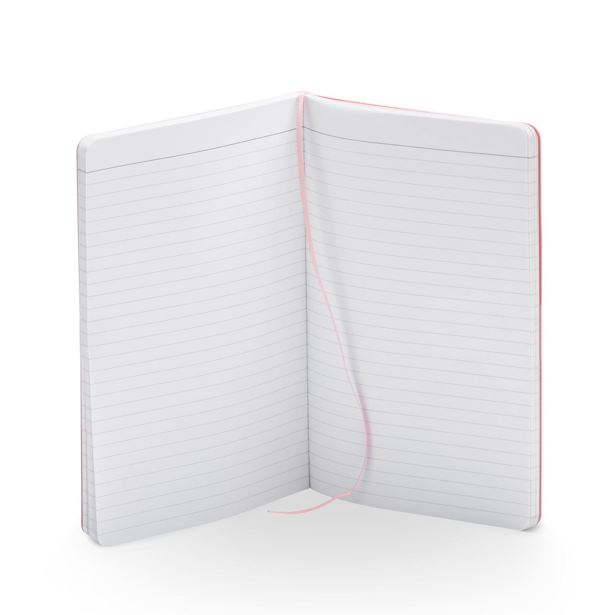 Open blank lined notebook with red accents on white background. 