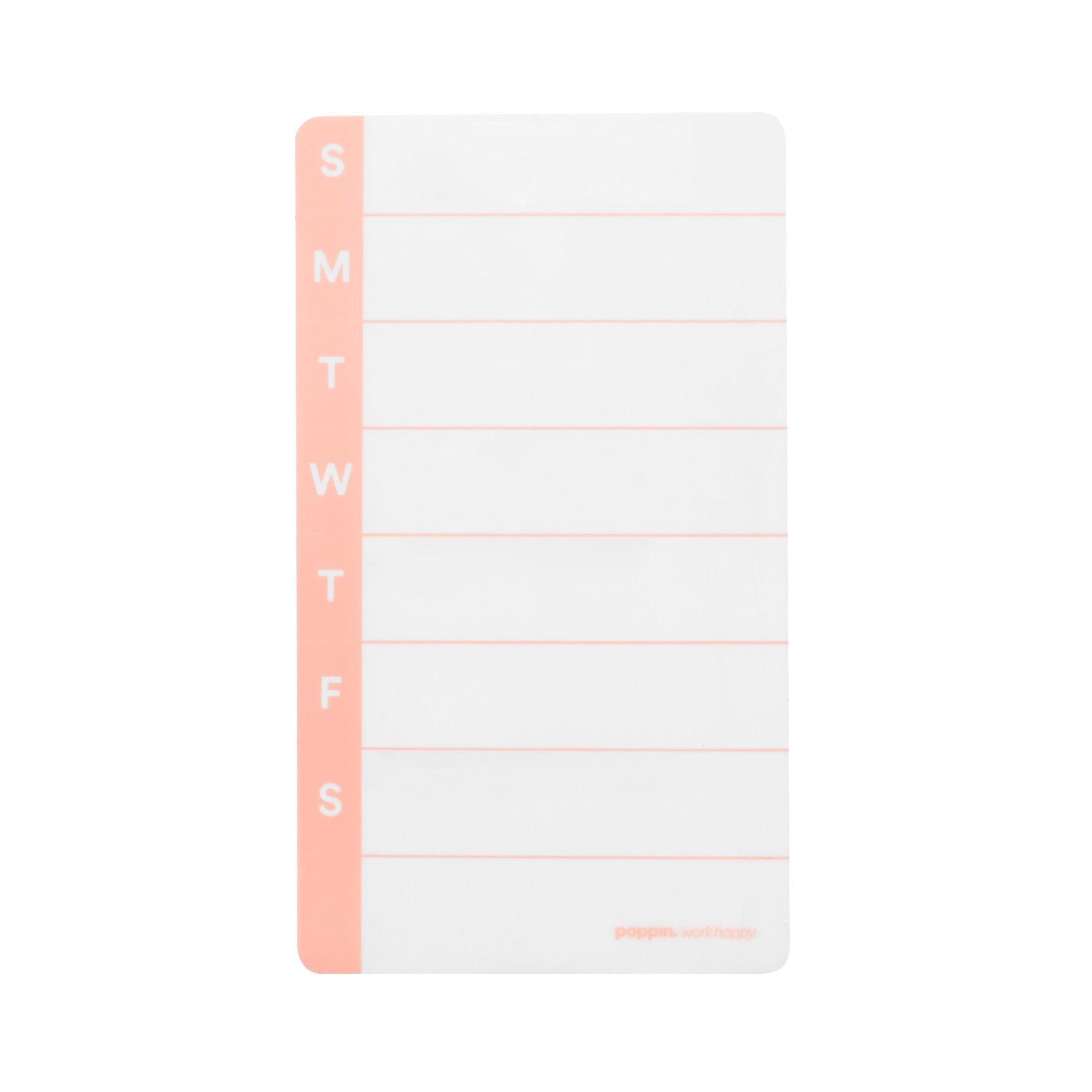 Blank weekly planner notepad with days of the week on peach sidebar. 