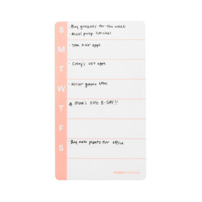 Weekly planner notepad with handwritten to-do list and schedule entries. 
