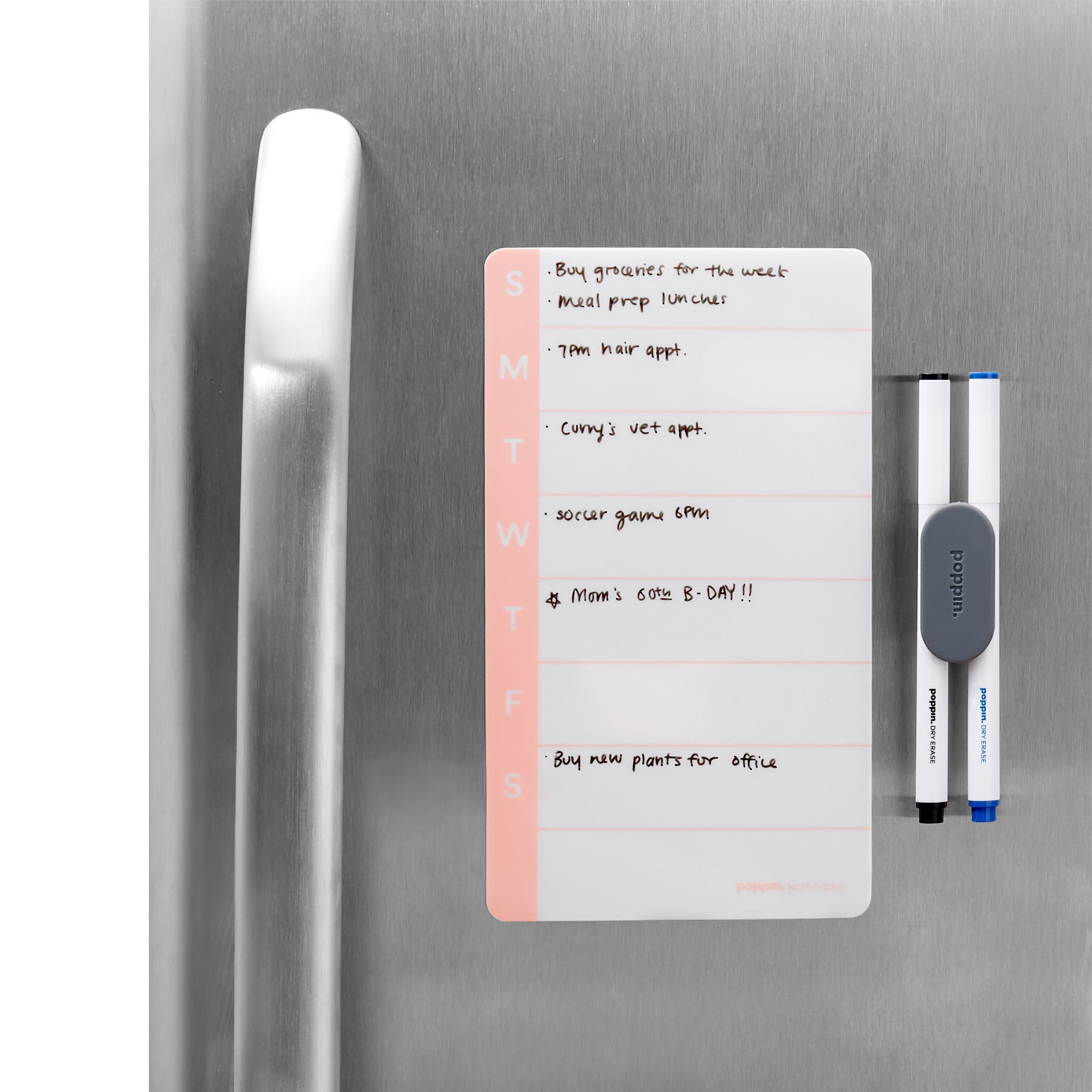 Weekly meal prep list and appointments on a magnetic whiteboard on a fridge with markers. 