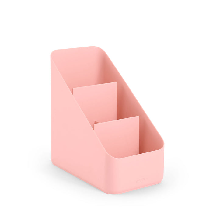 Pink desk organizer with three compartments on white background. (Blush)