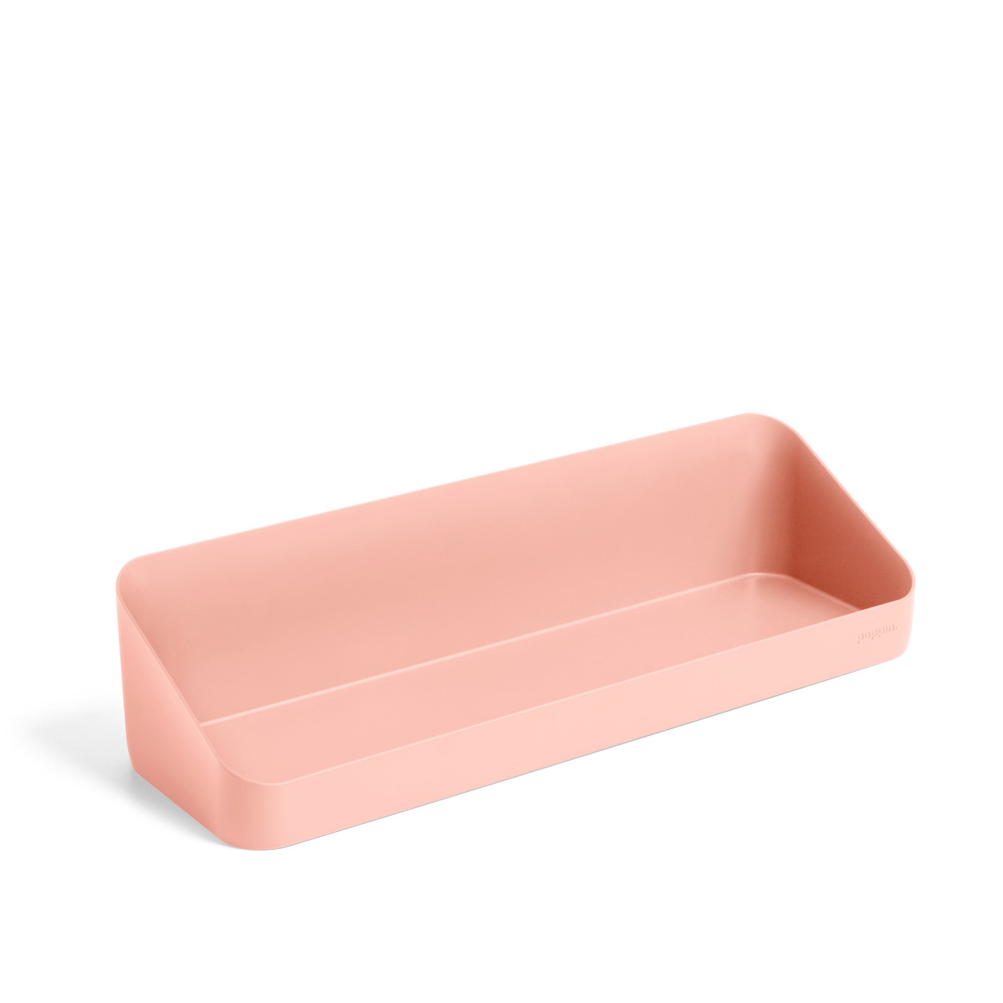 Rectangular pale pink desk organizer tray on a white background. (Blush)
