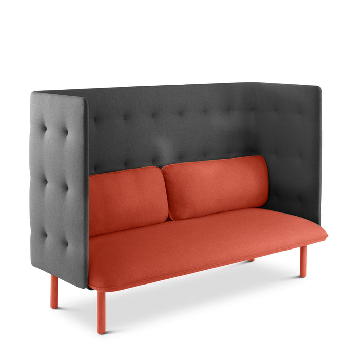 High-backed sofa with grey upholstery and red cushions on white background (Brick-Dark Gray)