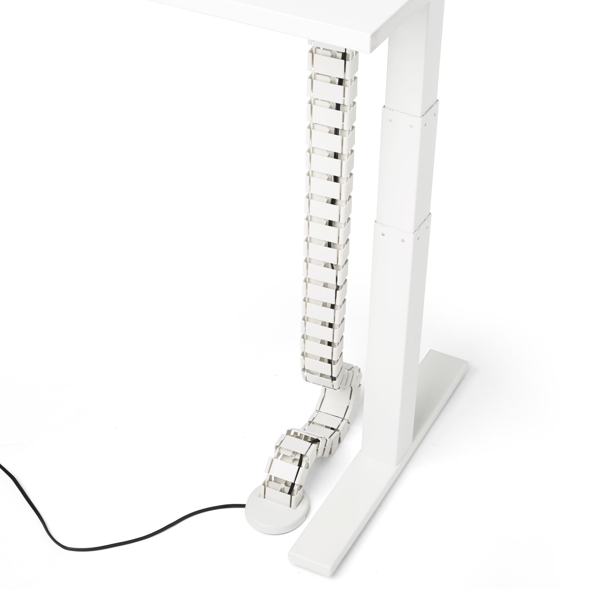 White standing desk with cable management spine on a clean background. 