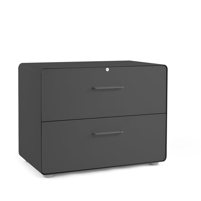 Modern gray two-drawer file cabinet isolated on white background. (Charcoal)